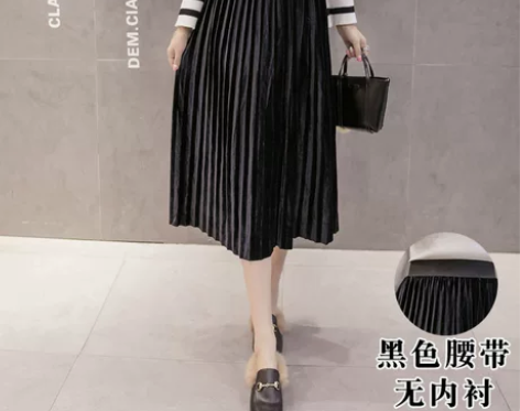 丝绒百褶裙半身裙秋冬中长款金丝绒长裙冬裙子...