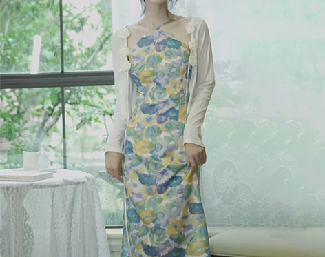 改良版挂脖旗袍女夏款裙子性感纯欲风印花连衣...