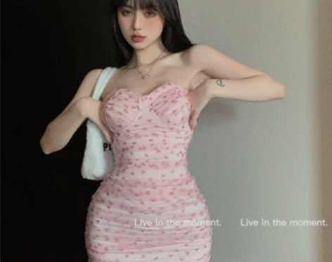 网纱抹胸连衣裙女纯欲风粉色甜辣妹性感裙子夏...