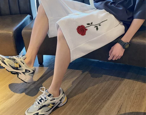 玫瑰花短裤男夏季薄款华夫格潮牌五分裤子美式...