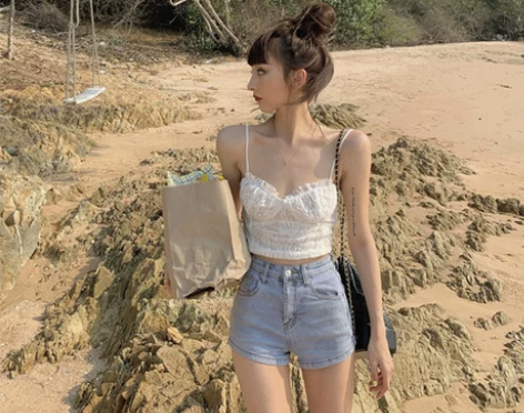 ?牛仔短裤女 高腰 浅蓝色 100斤以内可...