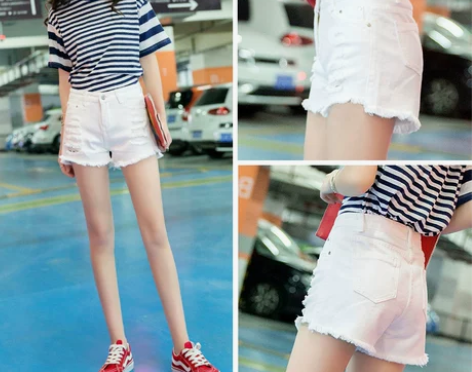 白色牛仔短裤女高腰夏2019新款韩版显瘦宽...