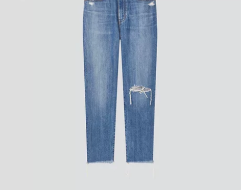 优衣库女装高腰锥形破洞牛仔裤 宝蓝色150...