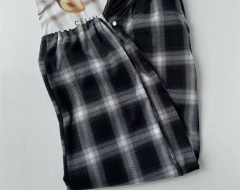 格子裤女春季新款纯棉韩版高腰阔腿休闲裤宽松...