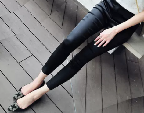 吕陈休闲裤女丝绸缎面弹力修身九分裤黑色小脚...