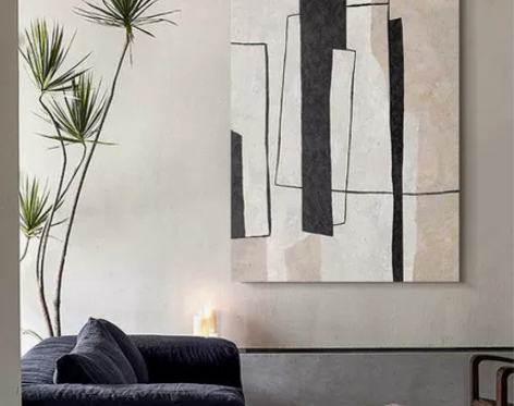 纯手绘油画黑白不规则色块赤贫风酒店抽象挂画...