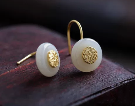 925银和田玉福字耳环高级感耳钉潮鎏金工艺...