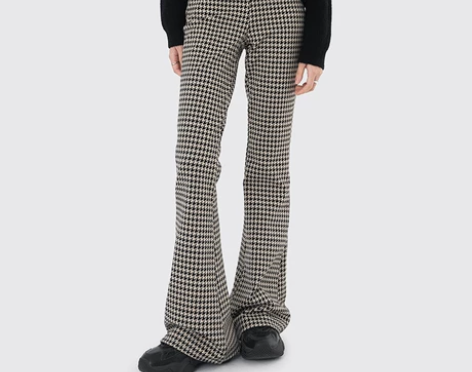 美式复古格子微喇裤大码梨型身材胯大腿粗裤子...