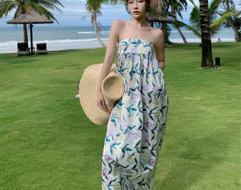 三亚拍照度假风海边沙滩长裙法式复古小众提花...