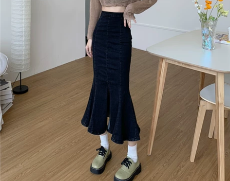 中长款开叉牛仔鱼尾裙女秋冬大码胖mm高腰显...