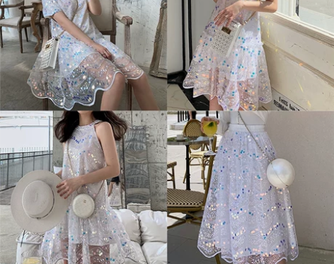 Sevi家 人鱼泪珠光亮片仙女风桔梗裙子 ...