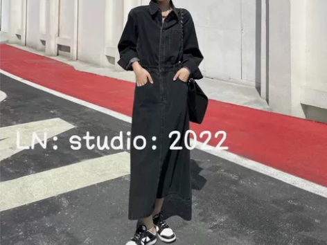 铅笔灰连体牛仔连衣裙 慵懒休闲风肩宽34 ...