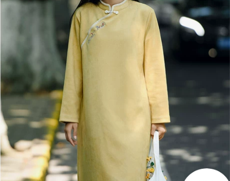 加厚旗袍裙中长款纯色复古民族风中式女装麂皮...