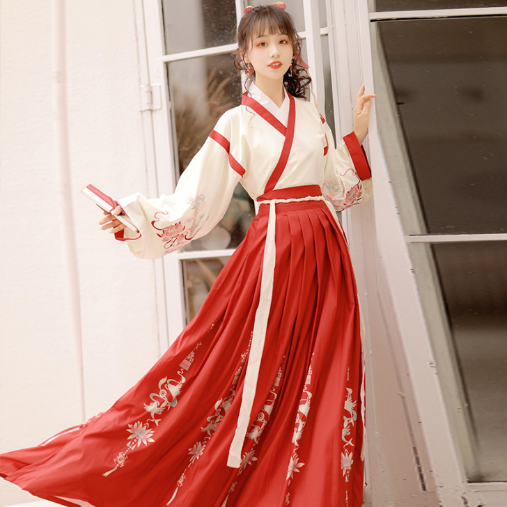 原创设计双鱼行芙蕖交领齐腰襦裙白菜汉服女全...