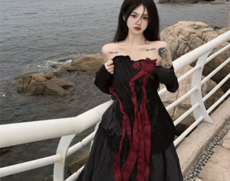 韩系风格复古港风穿搭黑色赫本风高级感海边连...