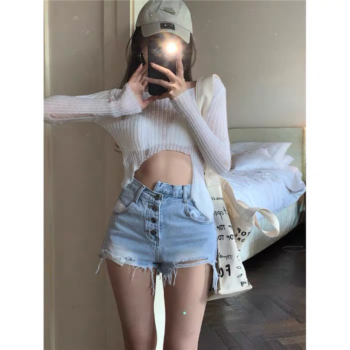 不规则撕边破洞牛仔短裤女夏网红韩版潮高腰辣...