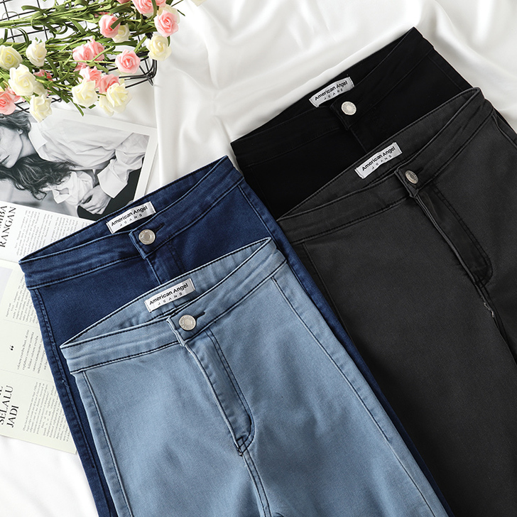 高腰超弹力牛仔裤学生党欧美显腿细显腿直