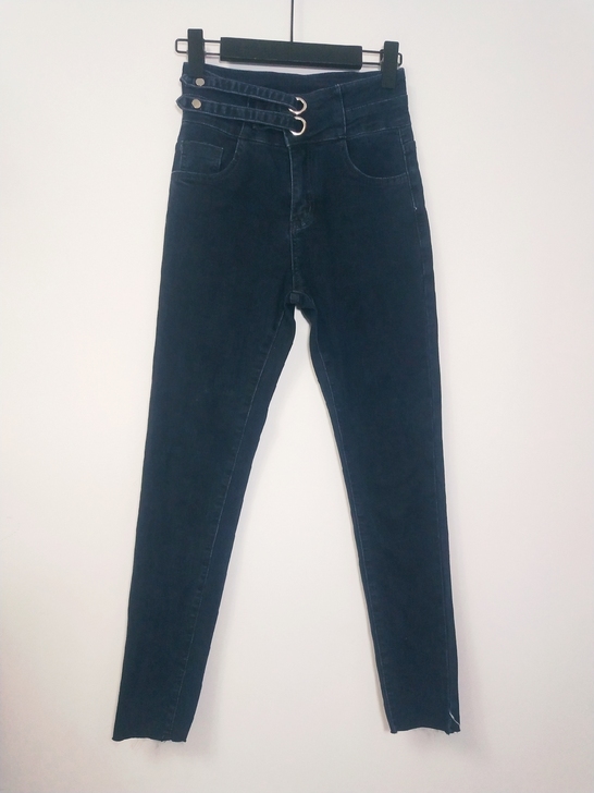 深烟灰色高腰扣子小脚弹力高品质牛仔裤长裤