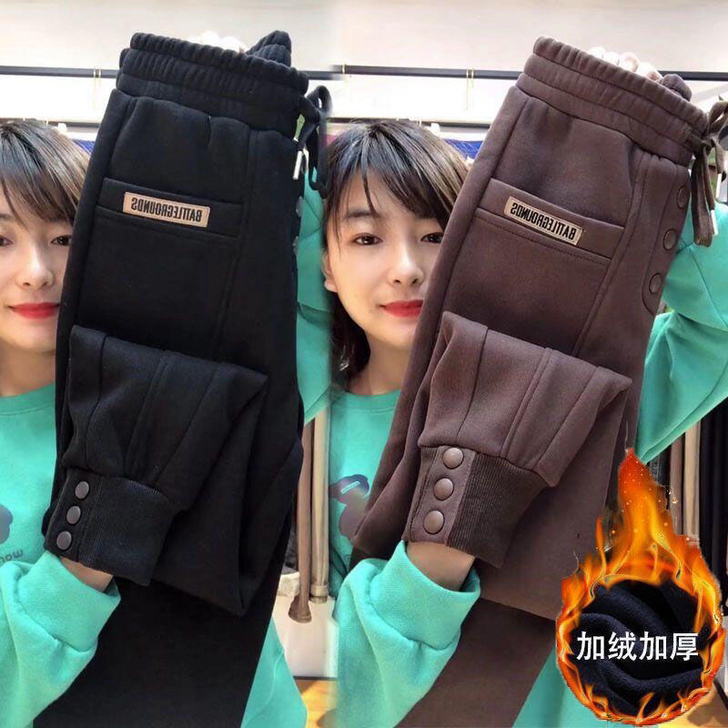 秋冬加绒休闲卫裤女2021显瘦高腰束腿裤子...