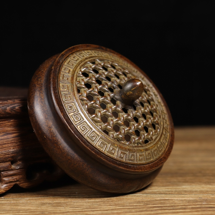 旧货老物件苏工纯铜竹编熏炉香薰炉烟灰缸香道...