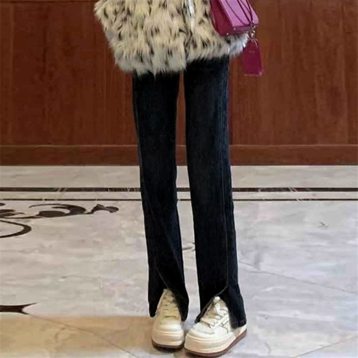 复古港味开叉牛仔裤女秋冬加绒高腰宽松直筒显...