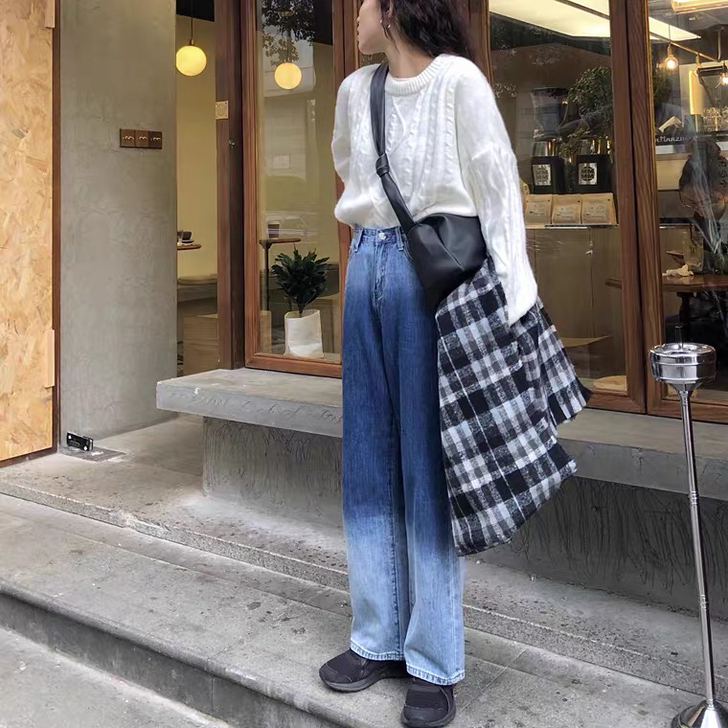 xl港风渐变牛仔裤女拖地裤398