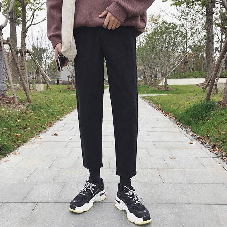 冬季纯色百搭加厚毛呢料锥形裤男潮流韩版修身...