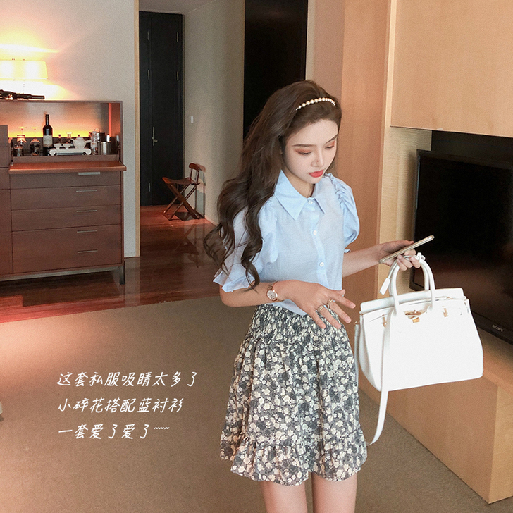 泡泡袖法式复古显瘦上衣蓝色短袖衬衫女设计感...