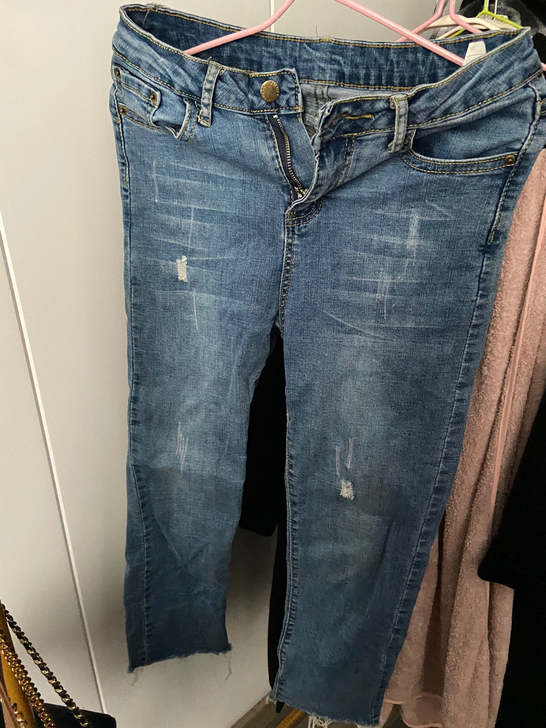 蓝色牛仔裤27码中腰八成新