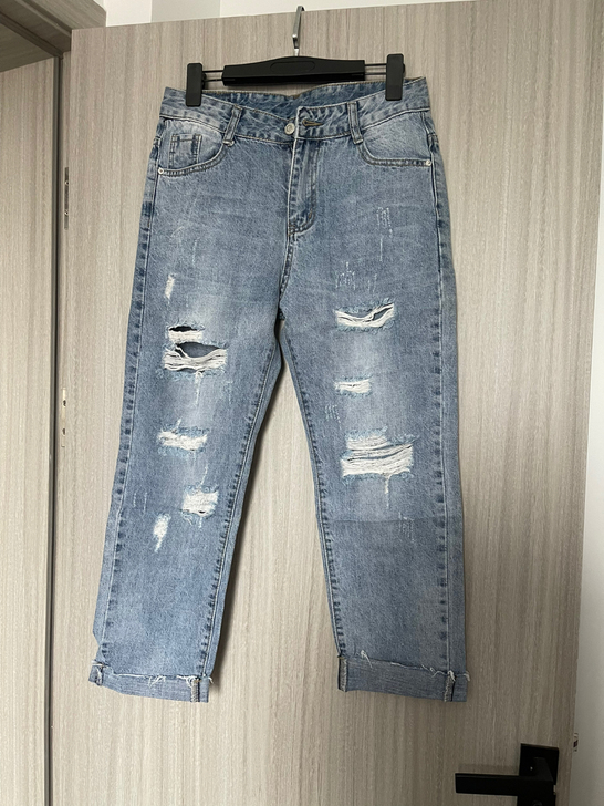 XL码S码破洞直筒牛仔裤女宽松哈伦萝卜裤子...