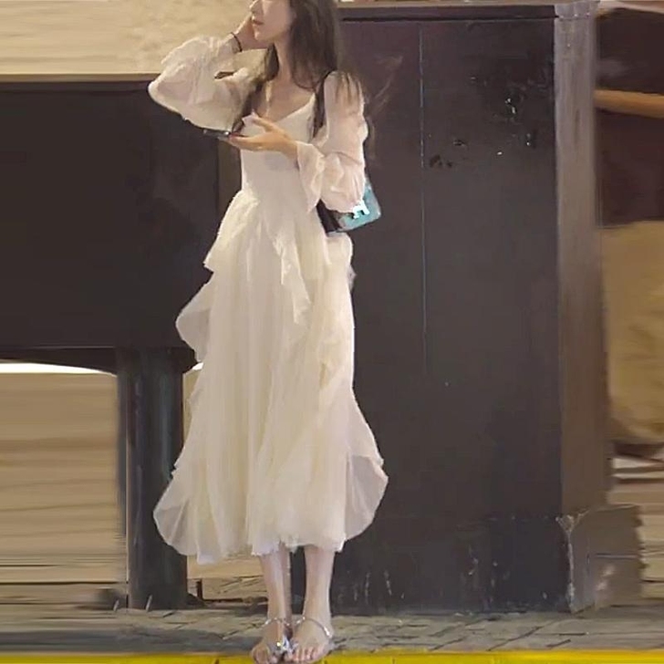 秋冬白色法式连衣裙女仙女超仙气质长袖中长裙...