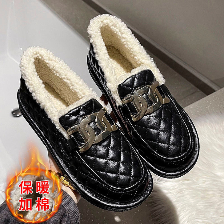 厚底棉鞋女新款PU豆豆鞋冬季加绒女鞋外穿毛...