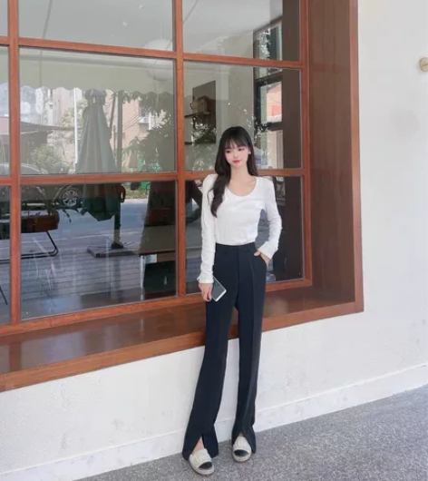 春秋夏季开叉西装裤女薄款高腰宽松垂感拖地休...