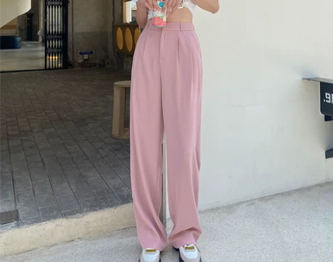 西装阔腿裤女夏新款粉色冰丝高腰垂感显瘦百搭...