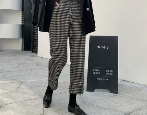 黑白毛呢格子裤女春秋百搭新款韩版宽松翻边直...