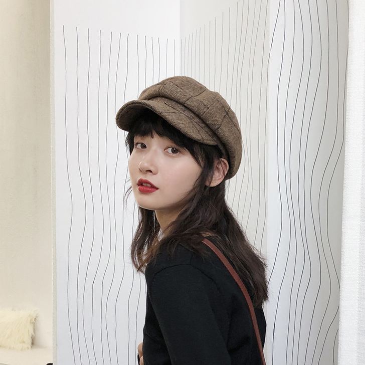 西本帽子格纹英伦毛呢八角帽女秋冬韩版复古报...