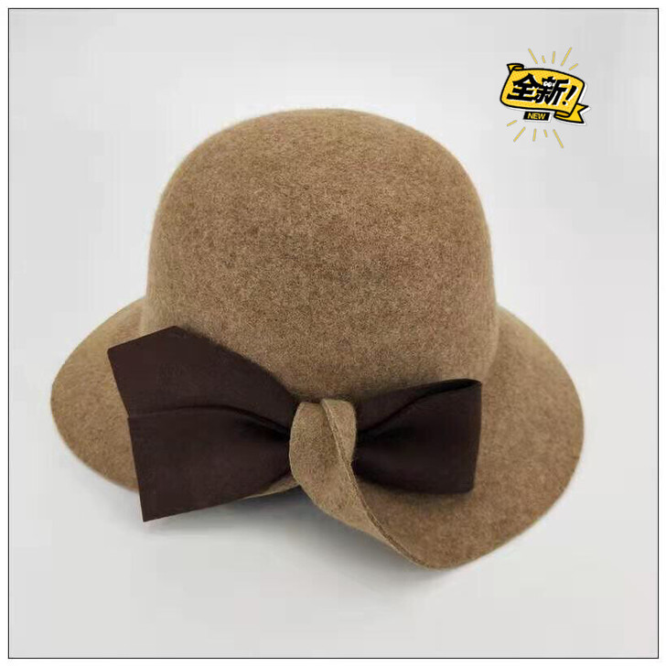 秋冬羊毛呢礼帽韩版百搭蝴蝶结盆帽优雅渔夫帽...