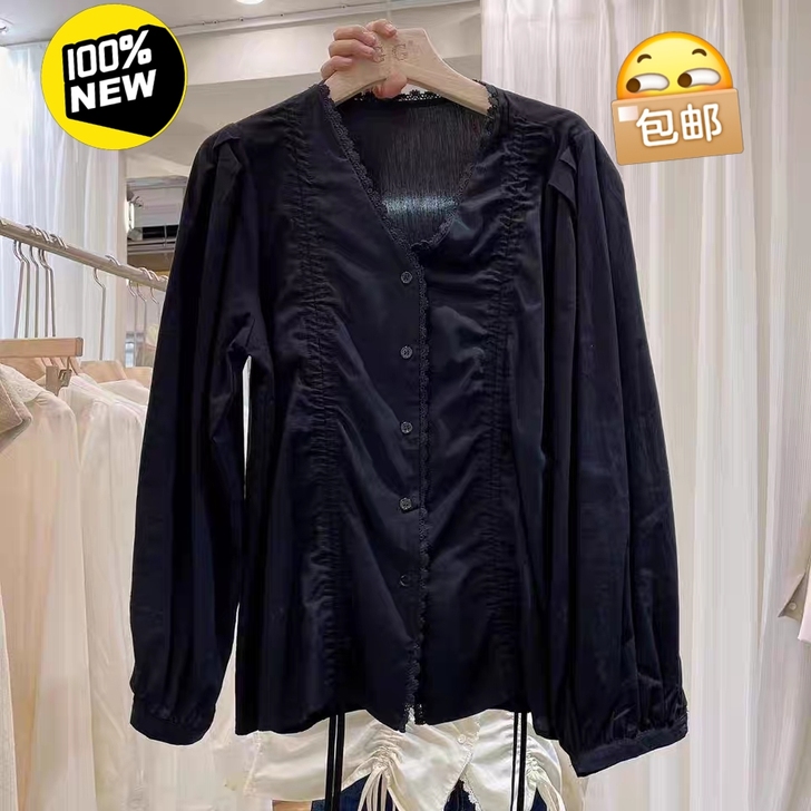 全新韩版V领抽绳褶皱小众衬衫。