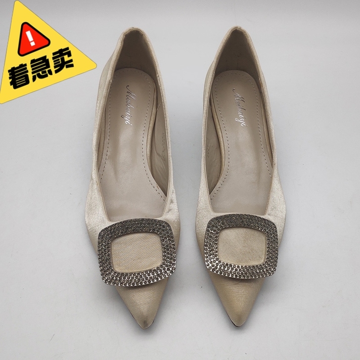 杏色37码尖头法式浅口小高跟鞋女细跟尖头百...