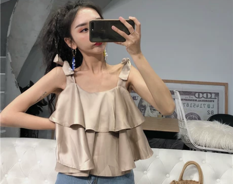 港味chic夏季短款背心上衣女潮版宽松荷叶...