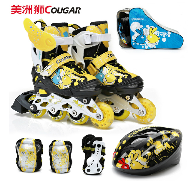 正品美洲狮小兔子加厚轮滑鞋儿童全套装 直排...