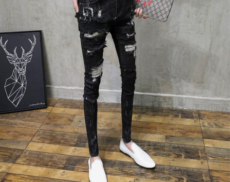 牛仔裤男小脚裤修身潮流小脚破洞青年韩版弹力...