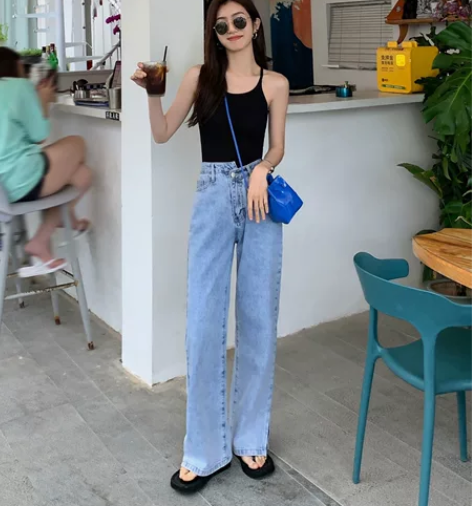 MULVAN不规则腰头开叉牛仔裤女2022...