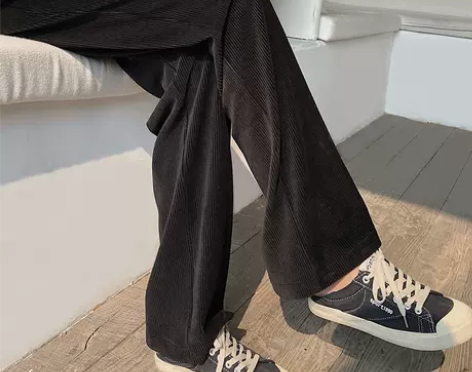 灯芯绒阔腿裤女春秋冬高腰坠垂感宽松加绒黑色...