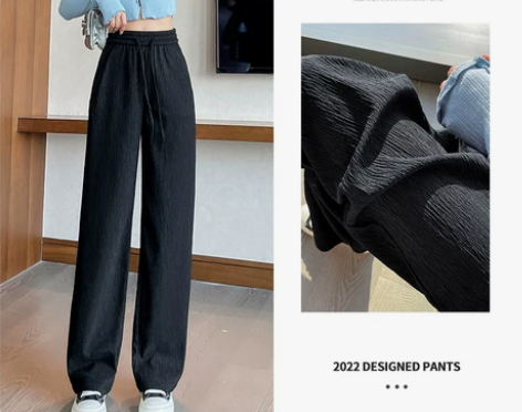 黑色褶皱阔腿裤女春秋季高腰垂感肌理感裤子抽...