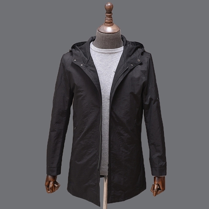 撤柜男装尾货男士秋季黑色连帽中长款风衣剪标