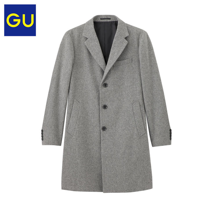 #gu 男士中长款风衣 灰色毛呢