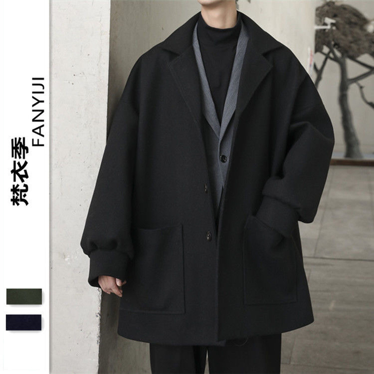 风衣男中长款韩版潮流百搭宽松毛呢大衣秋季情...