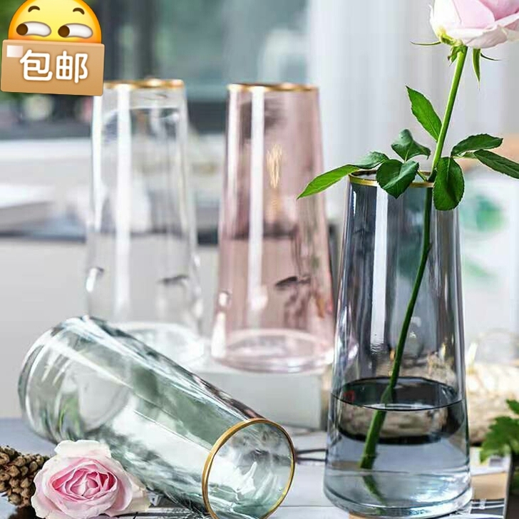 【全新包邮】锥形玻璃花瓶透明水养花瓶鲜花干...