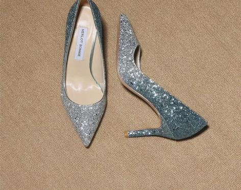 水晶亮片高跟鞋冰蓝渐变女鞋尖头细跟气质名媛...